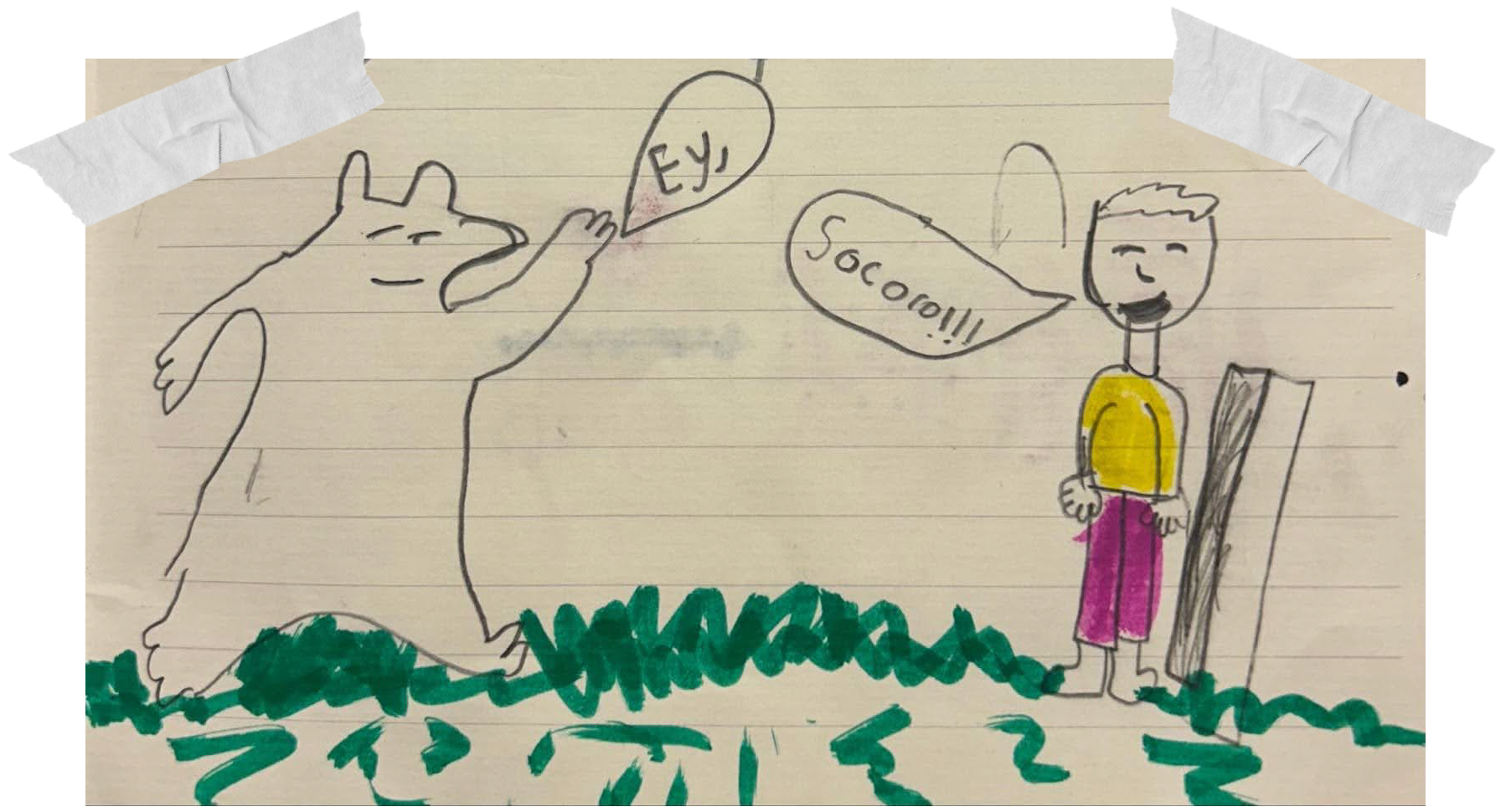 Lucas se asusta al encontrarse con un oso en el bosque, sin saber que el oso solo quiere ser su amigo.