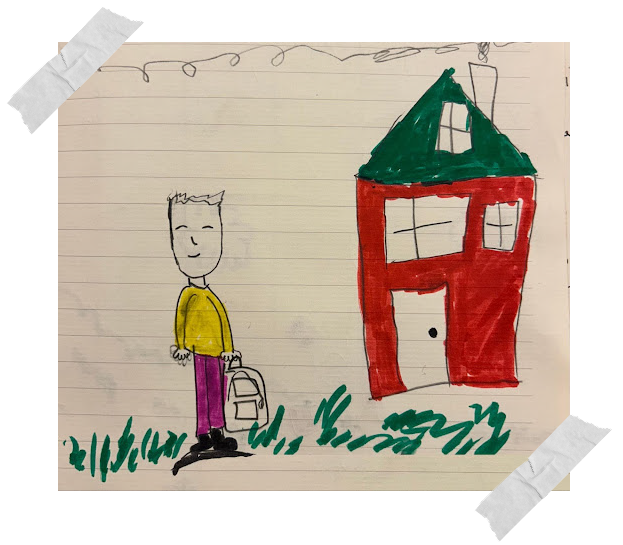 Las aventuras de Lucas - Por Matilde, Lucas saliendo de su casa